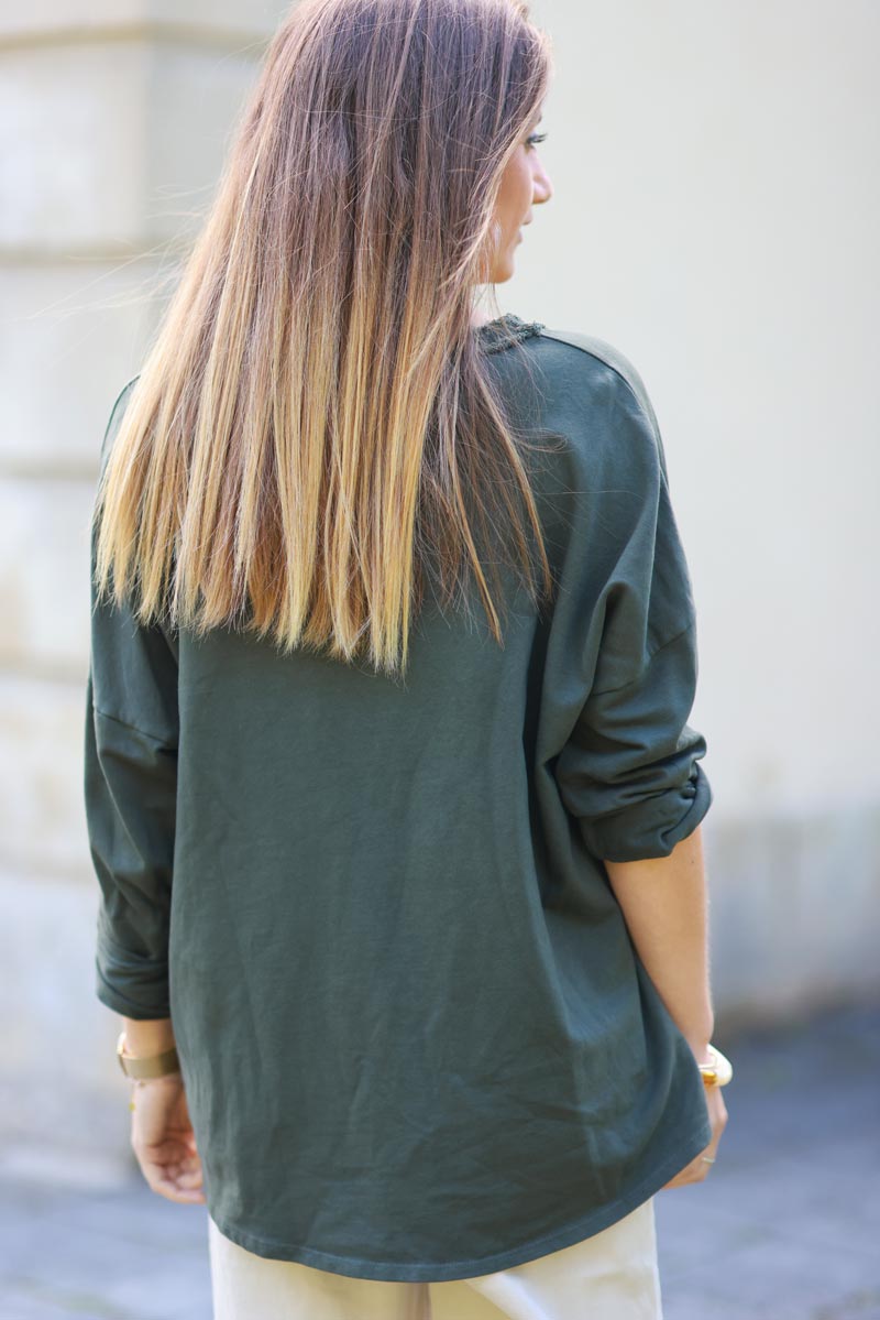 Jenna Khaki Corduroy Trim Long-Sleeve Tee