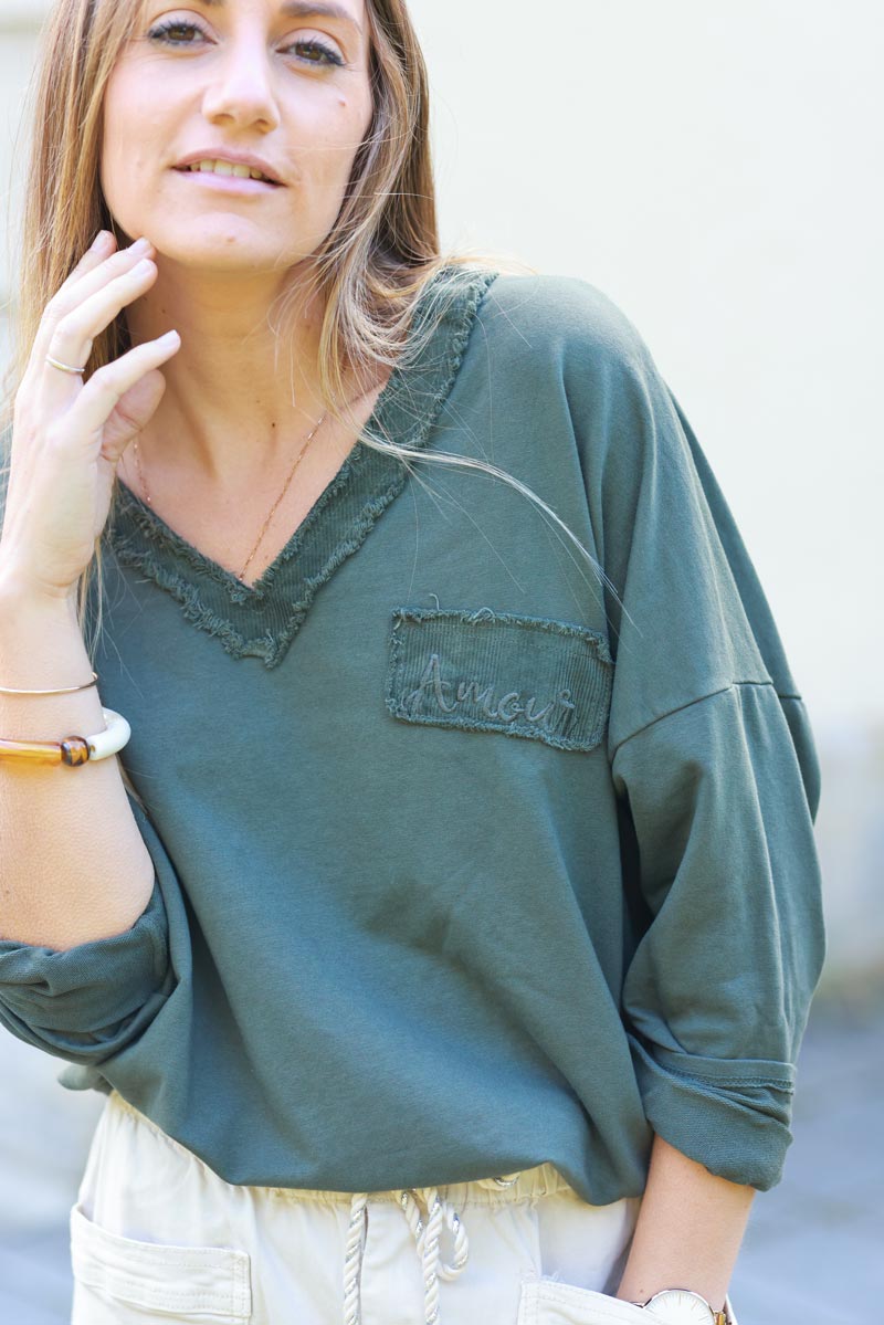 Jenna Khaki Corduroy Trim Long-Sleeve Tee