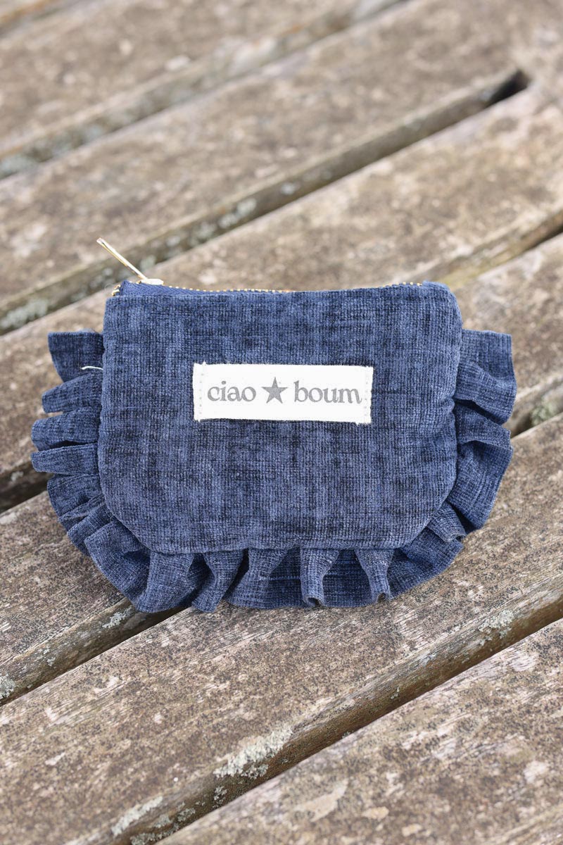 Navy blue velvet coin purse with frill edging