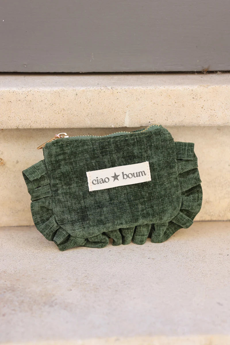 Khaki velvet coin purse with frill edging