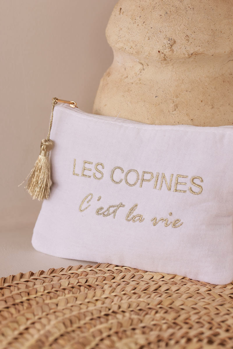 Crinkle cotton white pouch bag 'Les Copines C'est la vie' in gold