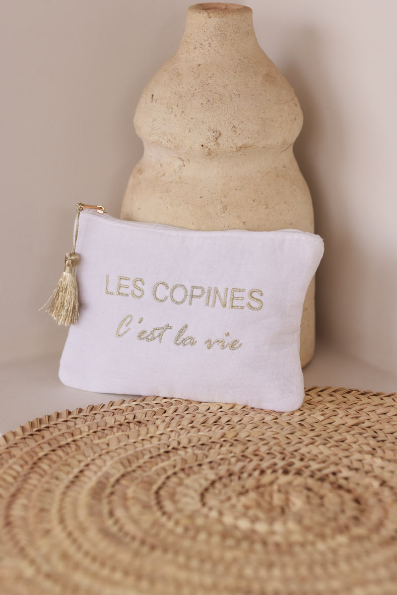 Crinkle cotton white pouch bag 'Les Copines C'est la vie' in gold