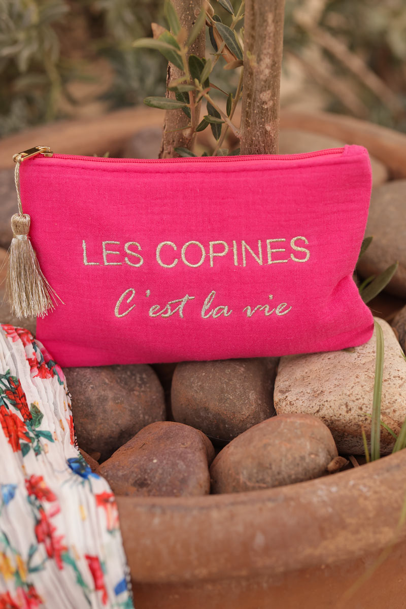 Crinkle cotton fuchsia pouch bag 'Les Copines C'est la vie' in gold