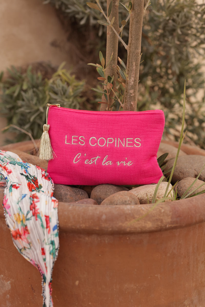 Crinkle cotton fuchsia pouch bag 'Les Copines C'est la vie' in gold