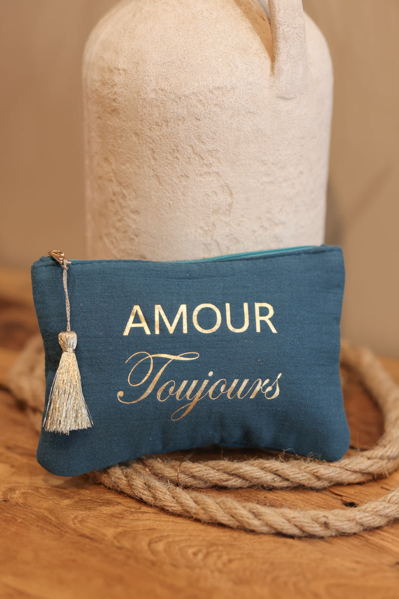 Crinkle cotton peacock blue pouch bag 'amour toujours' in gold
