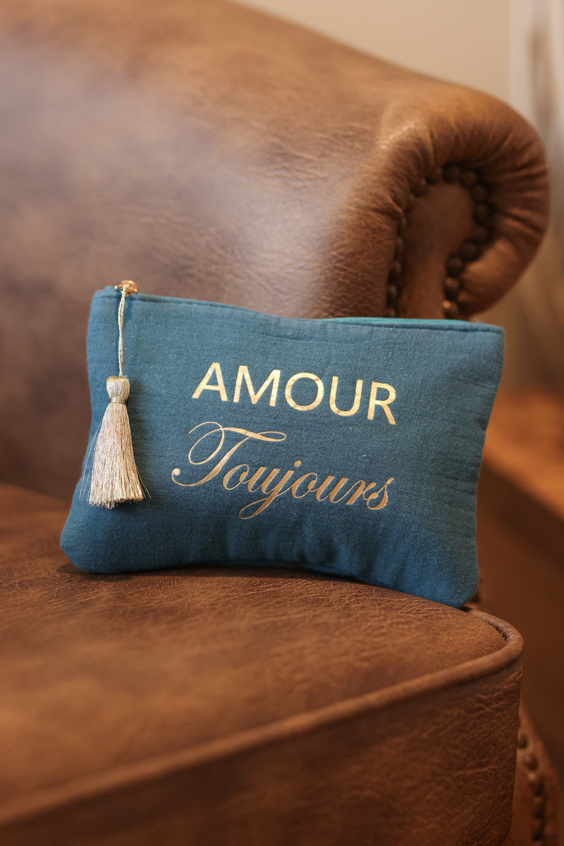 Crinkle cotton peacock blue pouch bag 'amour toujours' in gold