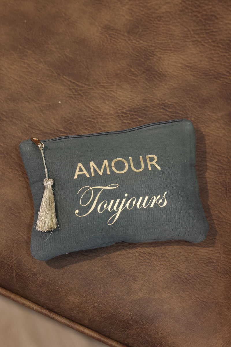 Crinkle cotton khaki pouch bag 'amour toujours' in gold
