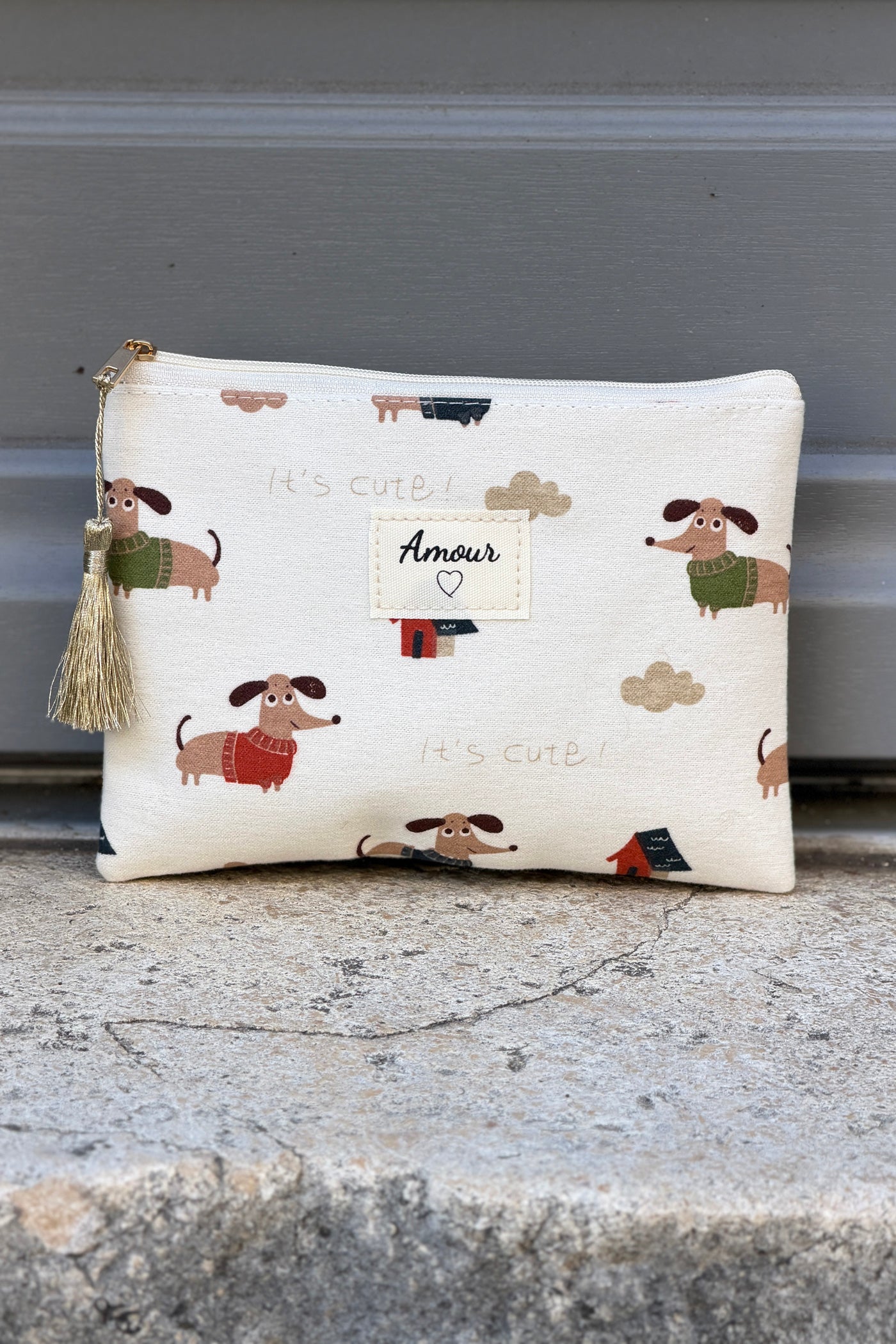 Pochette beige imprimé chiens teckels Amour