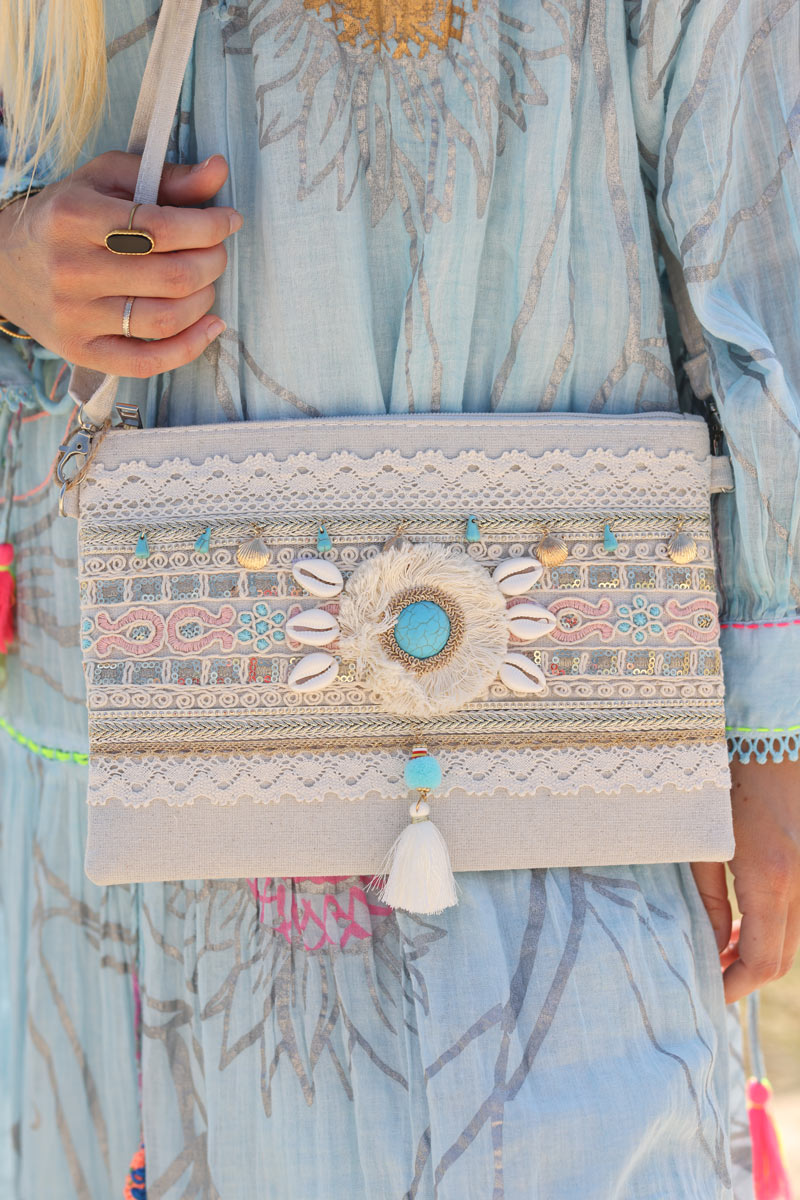 Bohemian clutch with turquoise stone embroidery and pompoms