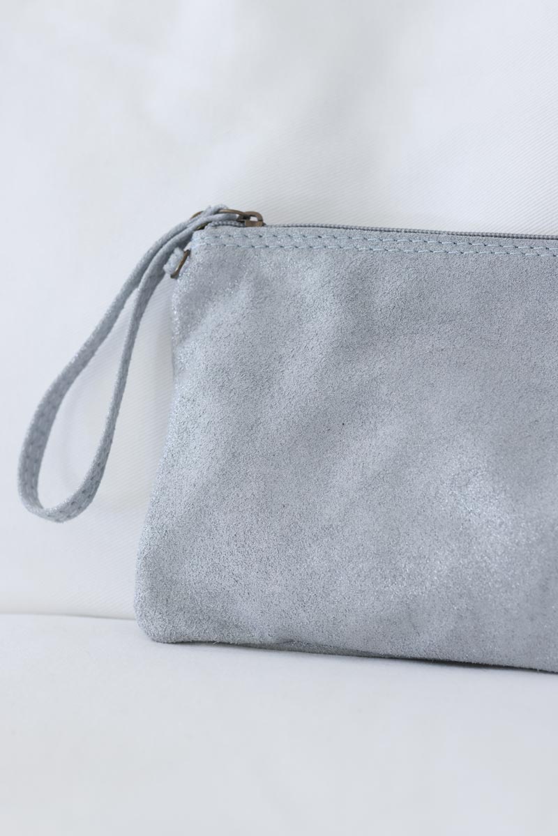 Silver suede clutch bag with wrist strap Horizons Lointains