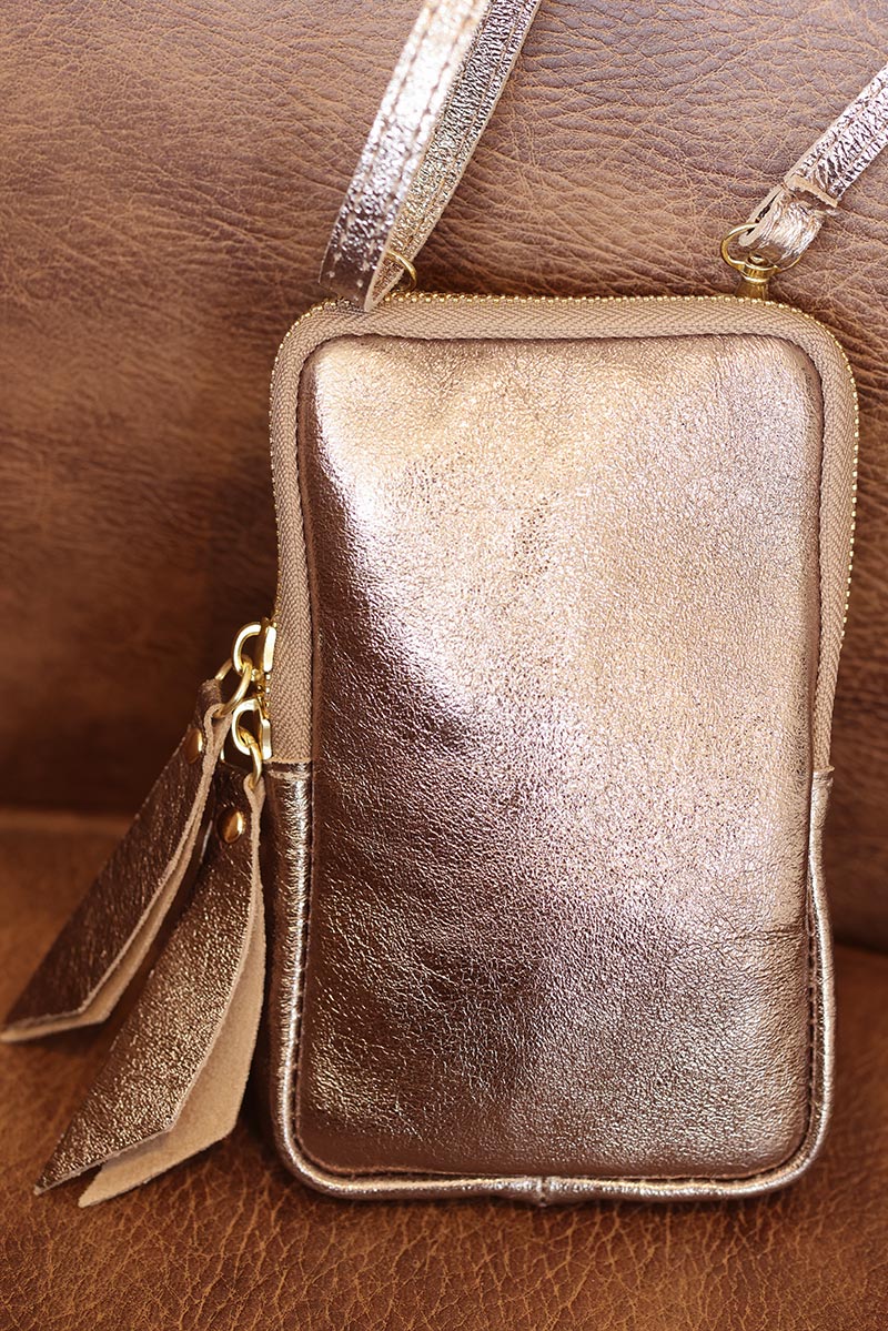 Crossbody metallic bronze soft leather pouch
