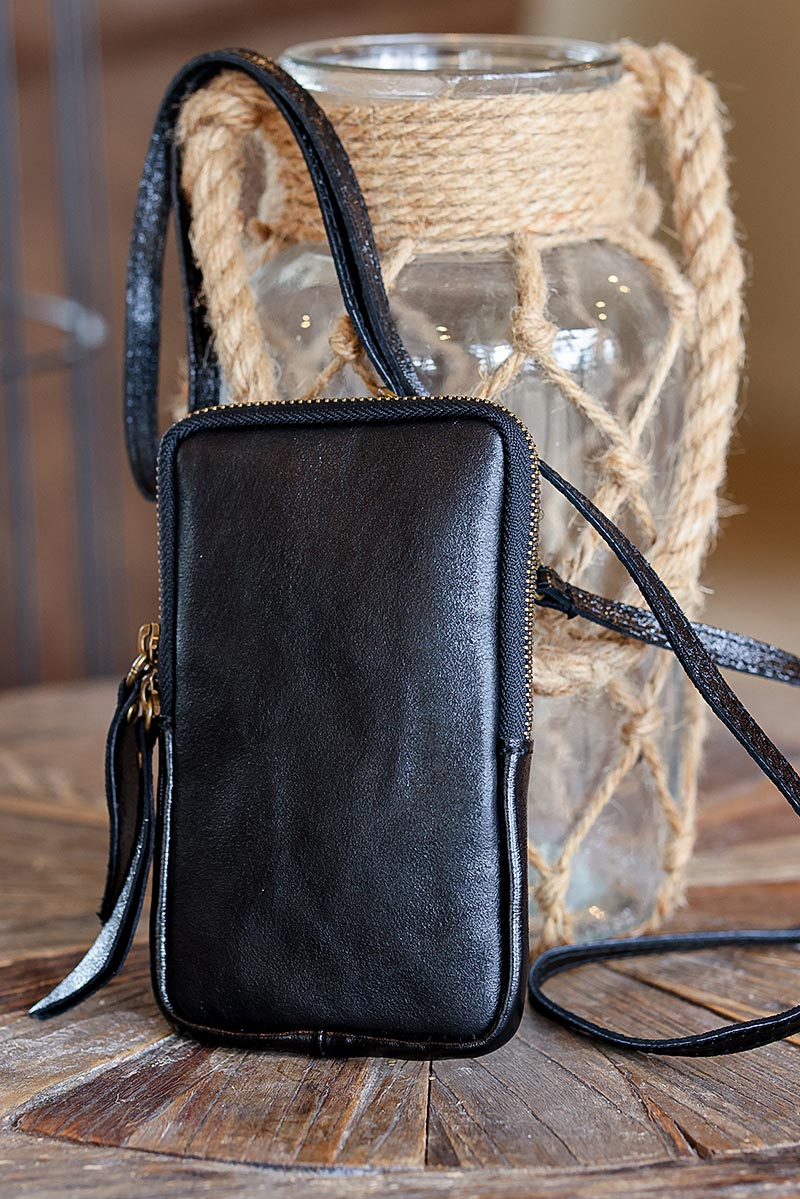 Crossbody metallic black soft leather pouch