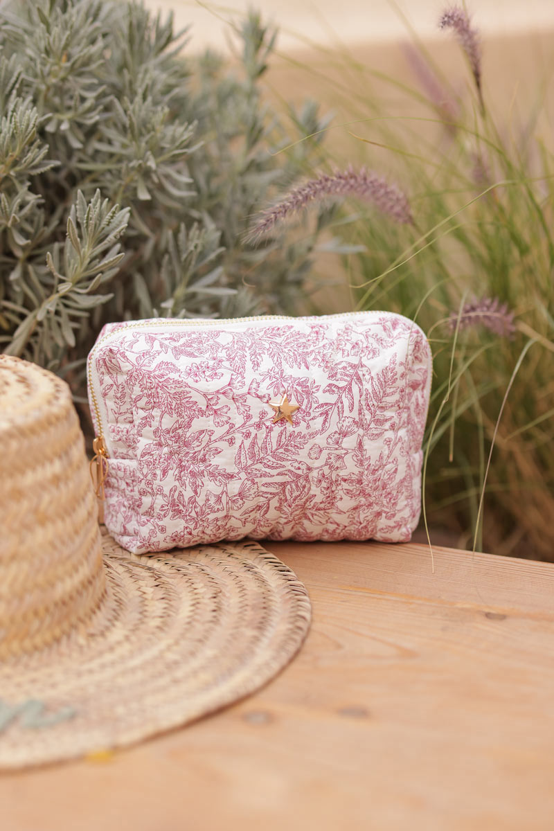 Small quilted cotton pouch bag in a fuchsia toile jouy pattern