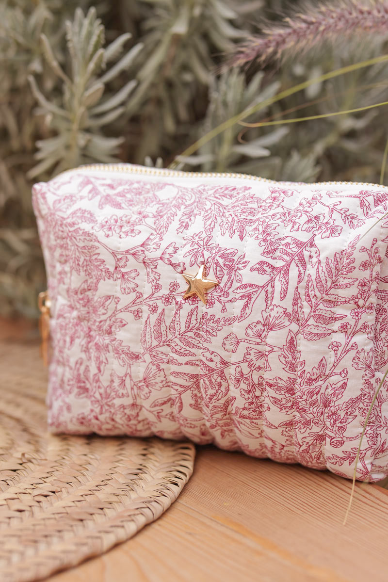 Small quilted cotton pouch bag in a fuchsia toile jouy pattern
