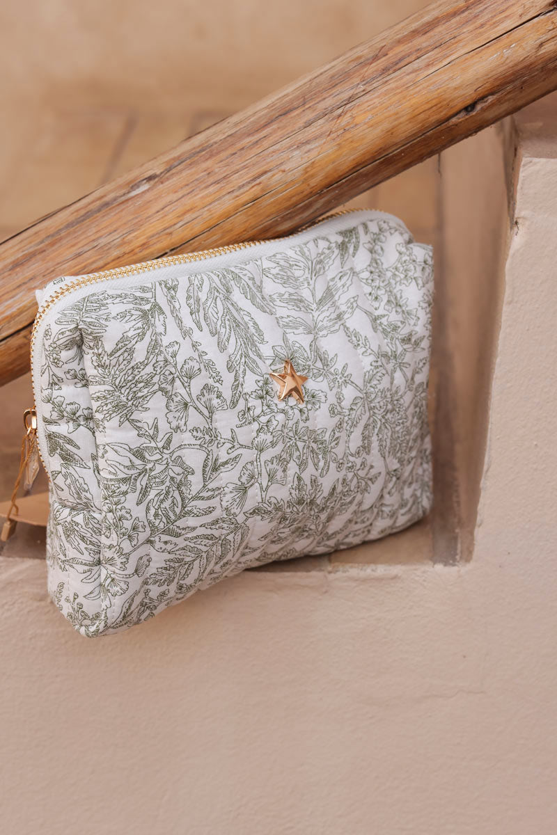 Small quilted cotton pouch bag in a khaki toile jouy pattern
