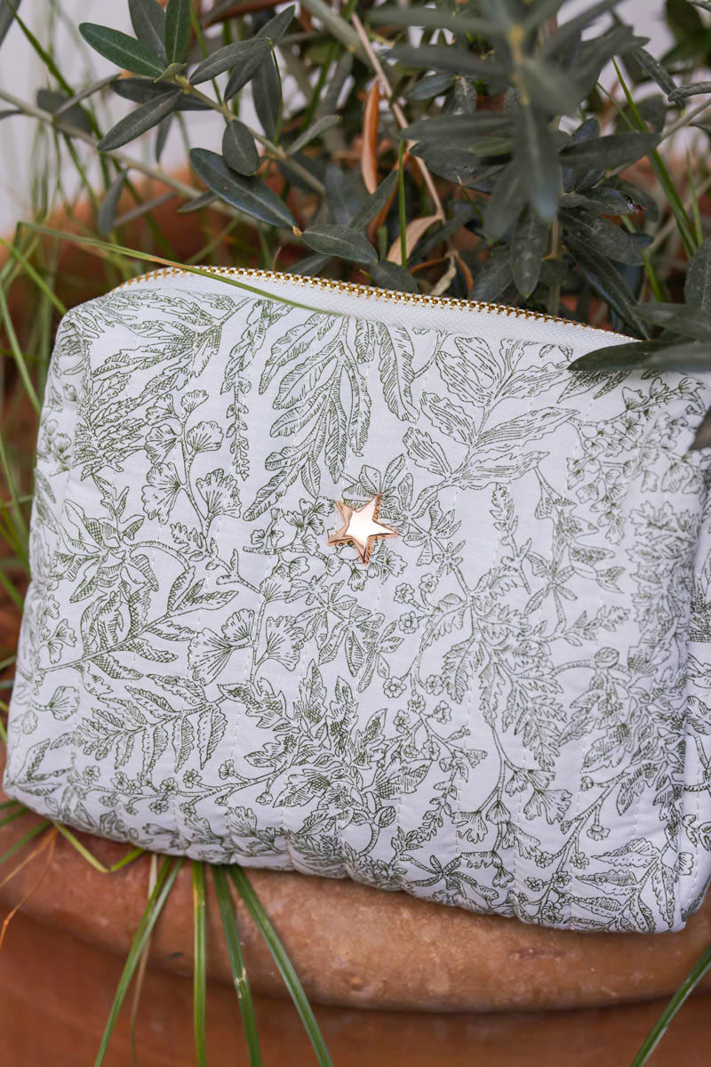 Small quilted cotton pouch bag in a khaki toile jouy pattern