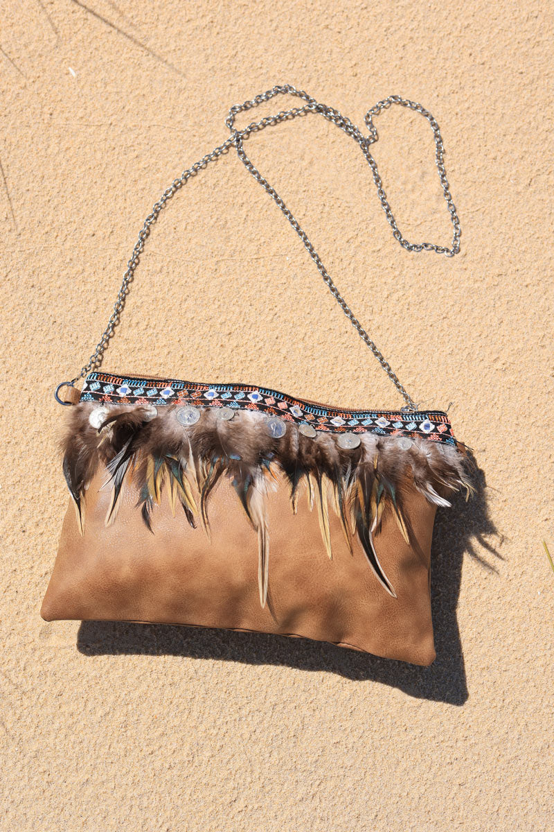 Indian camel clutch bag with coins embroidery and feather detail