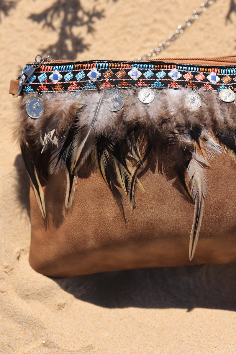 Indian camel clutch bag with coins embroidery and feather detail