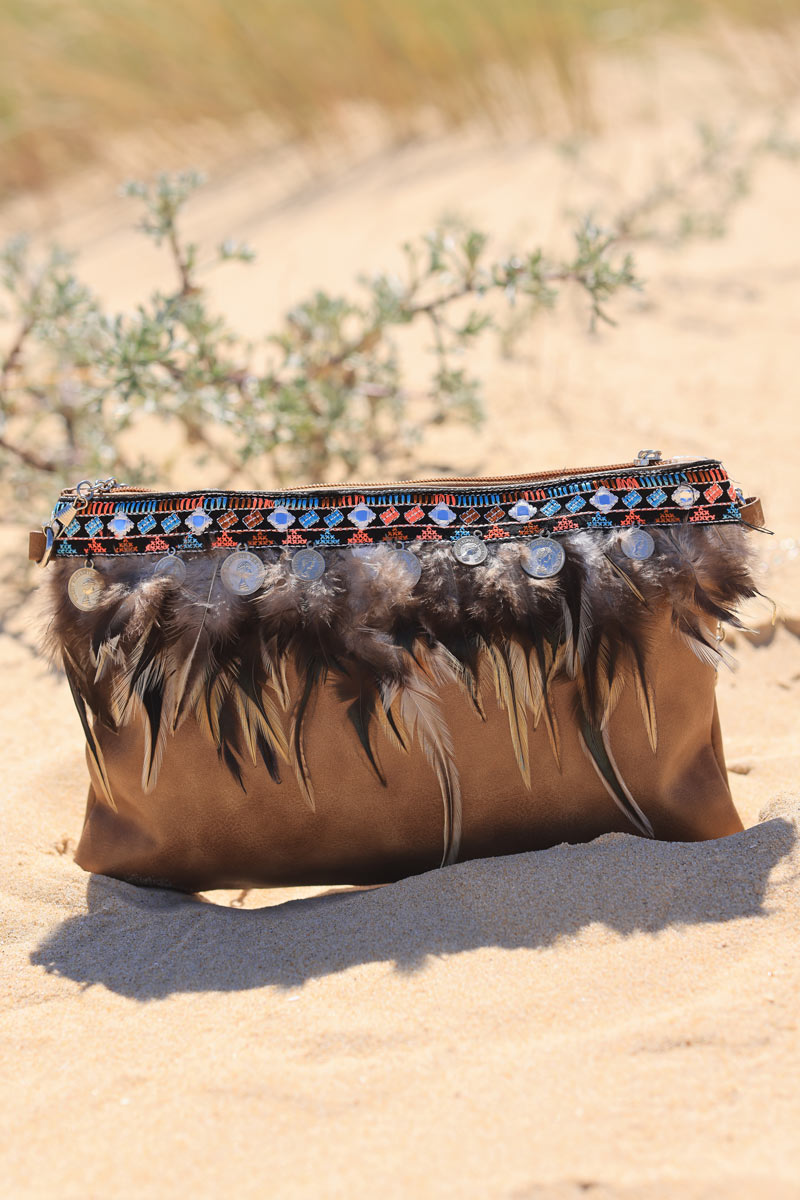 Indian camel clutch bag with coins embroidery and feather detail