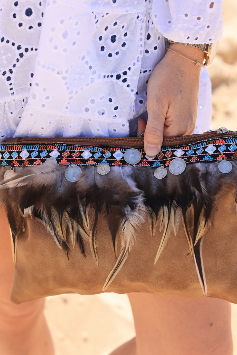 Indian camel clutch bag with coins embroidery and feather detail