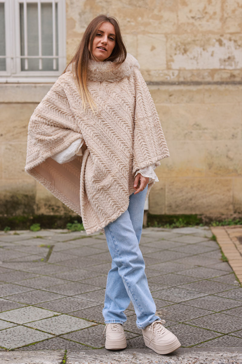 Beige Faux Chinchilla Poncho Cape