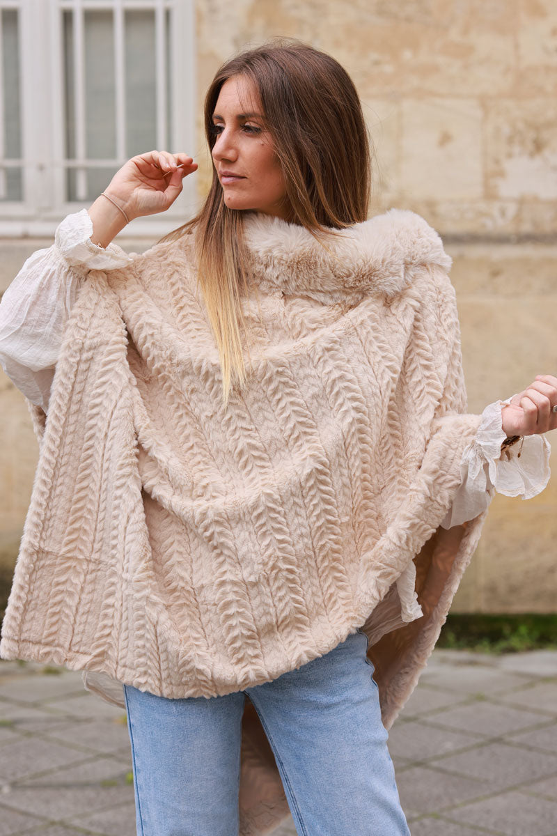 Beige Faux Chinchilla Poncho Cape