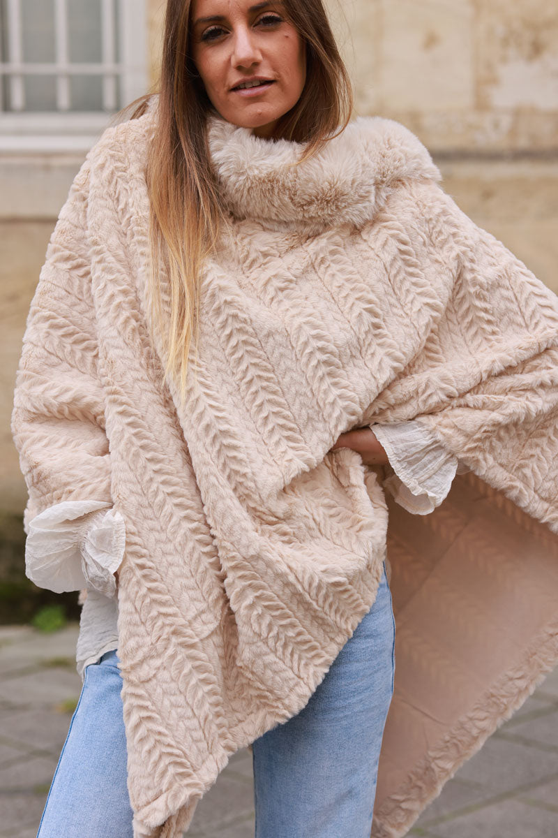 Beige Faux Chinchilla Poncho Cape