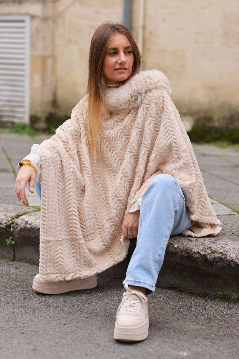 Beige Faux Chinchilla Poncho Cape