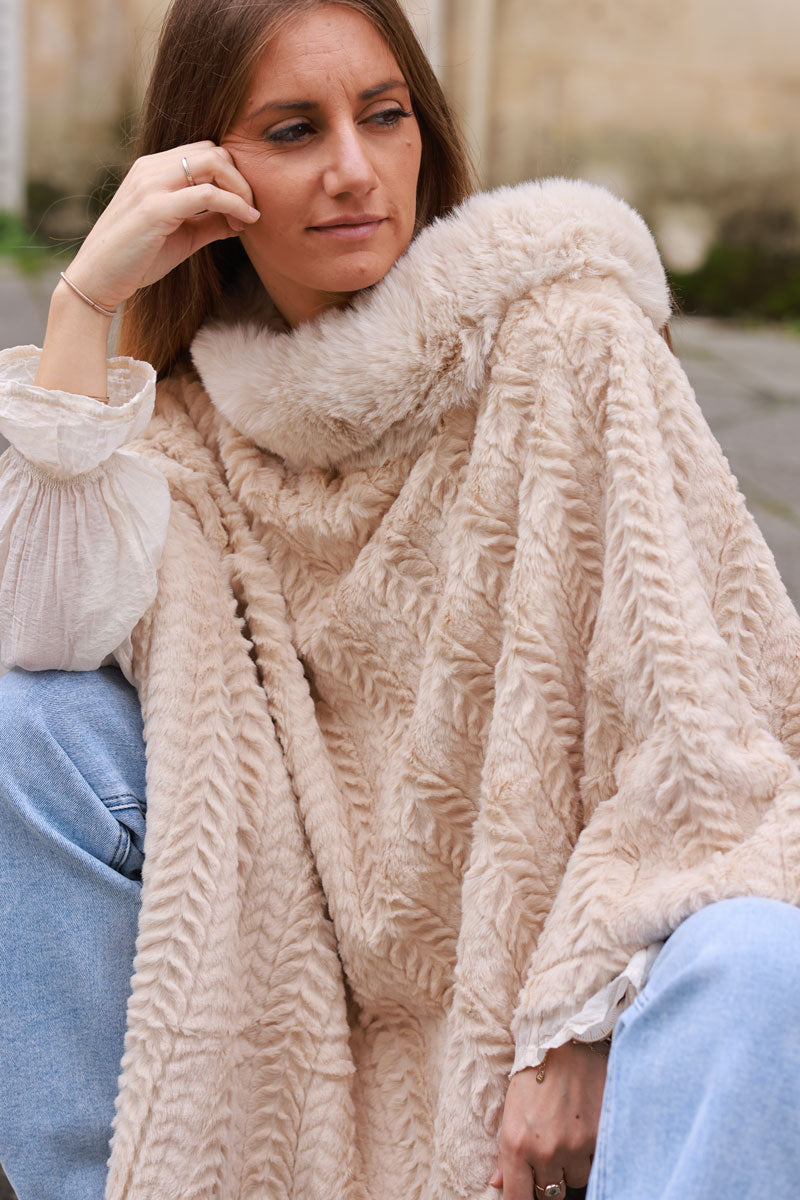 Beige Faux Chinchilla Poncho Cape