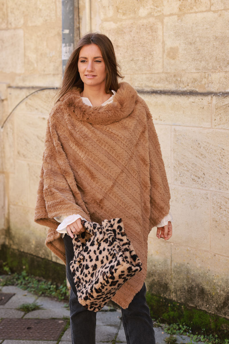 Camel Faux Chinchilla Poncho Cape