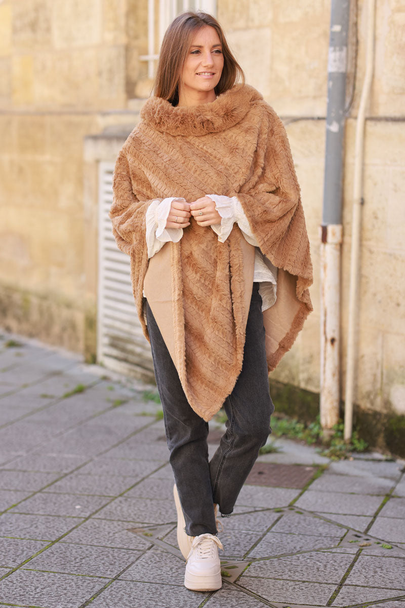 Camel Faux Chinchilla Poncho Cape