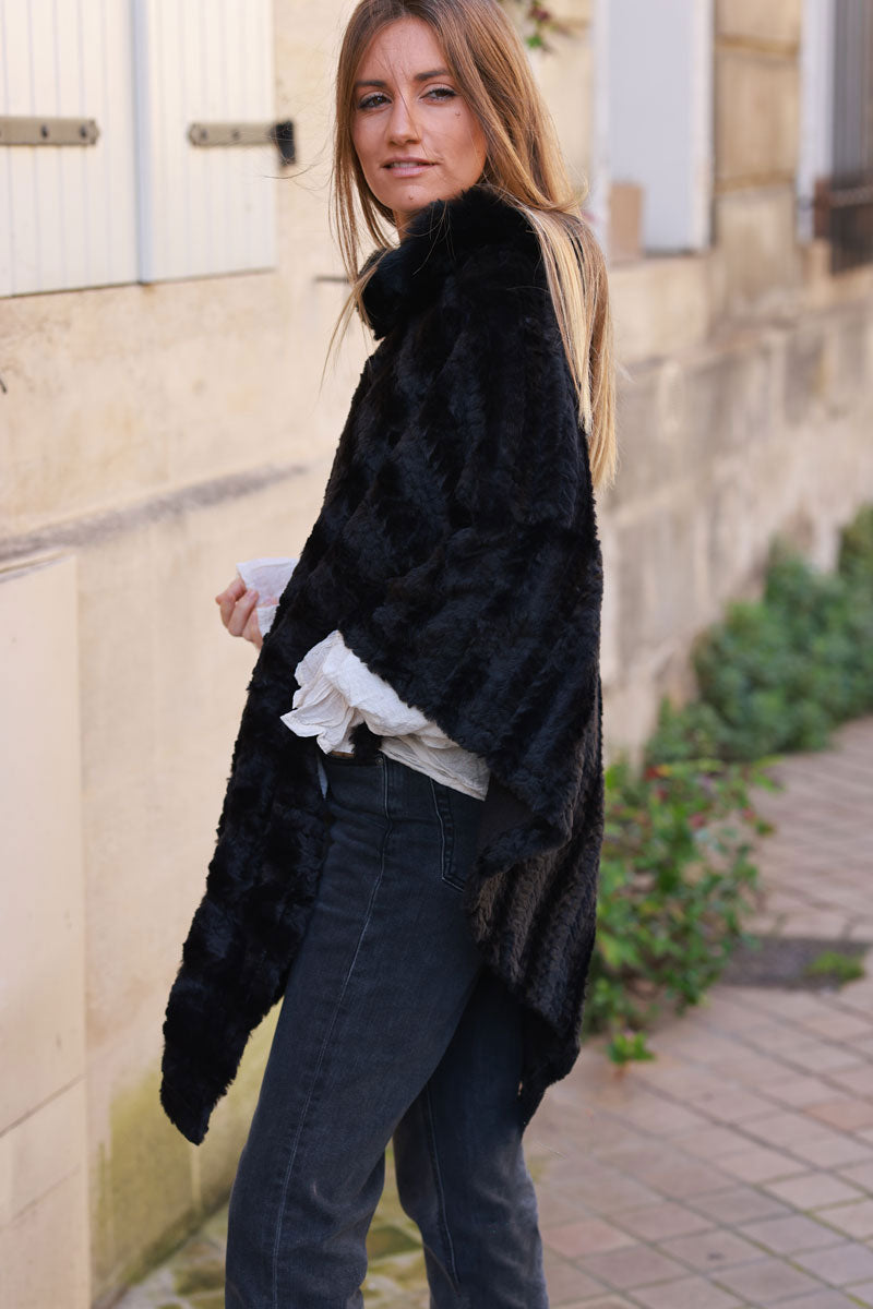 Black Faux Chinchilla Poncho Cape