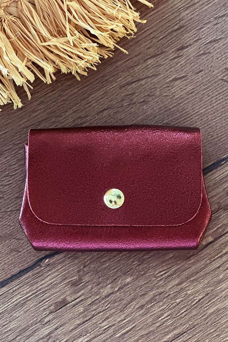 Porte monnaie en cuir brillant irisé bordeaux