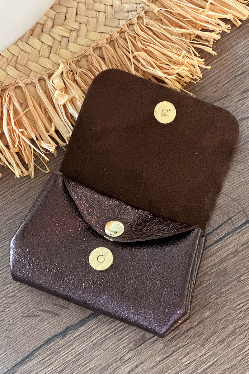 Porte monnaie en cuir brillant irisé marron