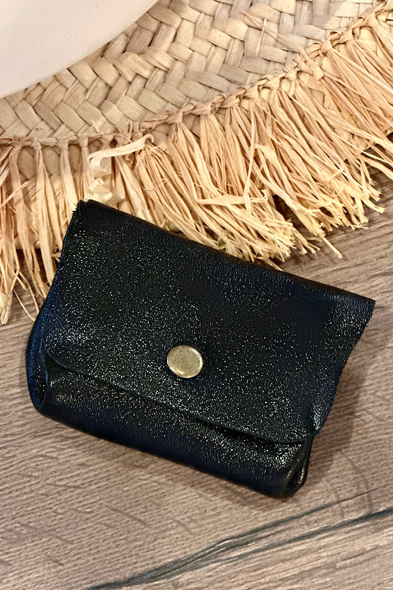 Porte monnaie en cuir brillant irisé noir