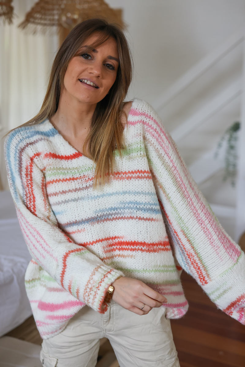 Chunky knit jumper in ecru with pastel multicoloured stripes