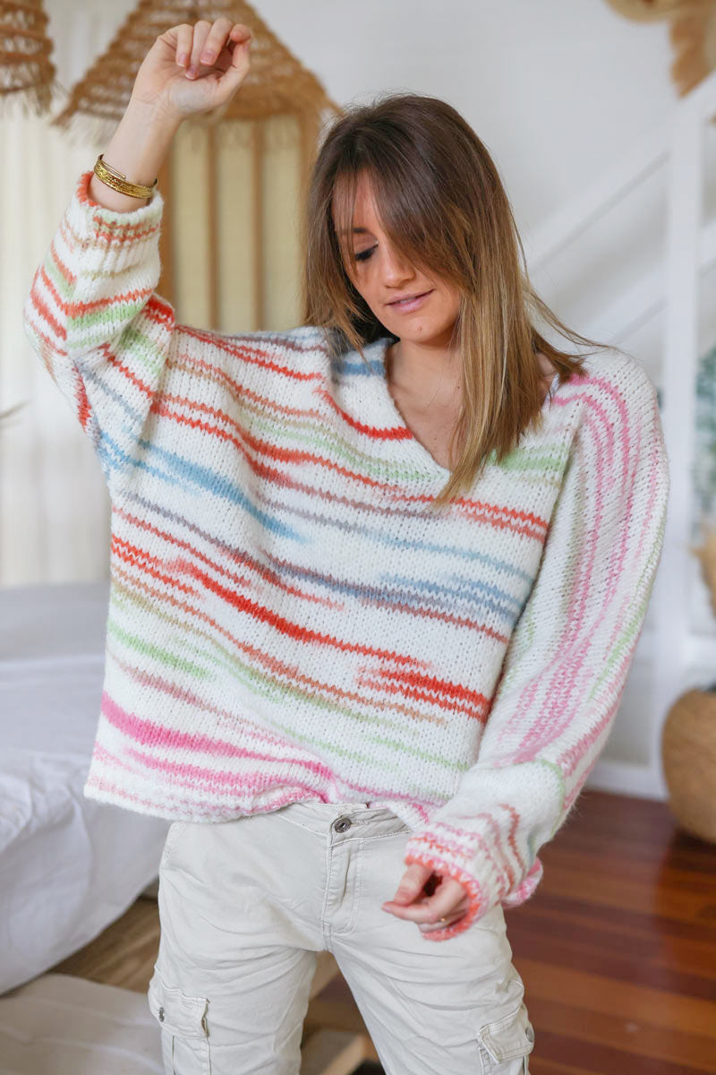Chunky knit jumper in ecru with pastel multicoloured stripes