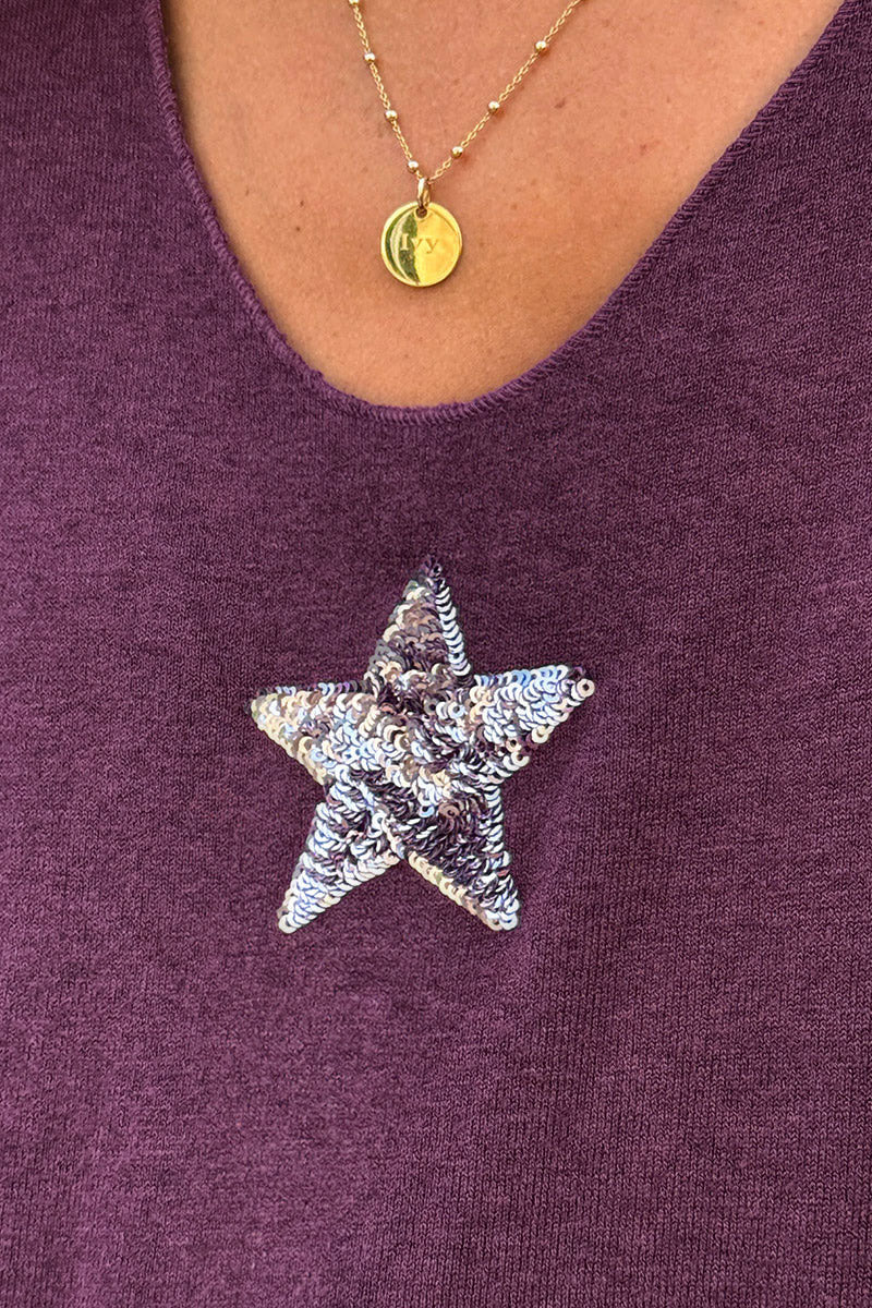 Pull aubergine col V petite étoile sequins
