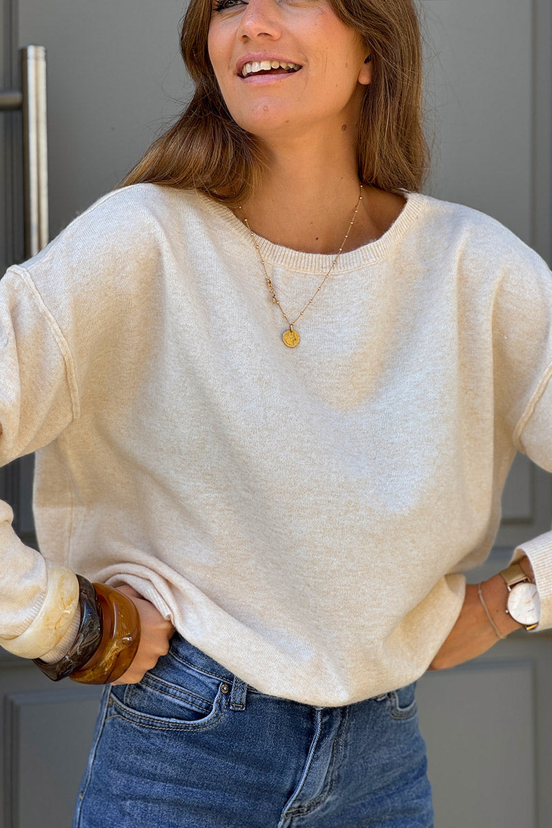 Pull basique beige en petite maille chiné couture apparente col bateau