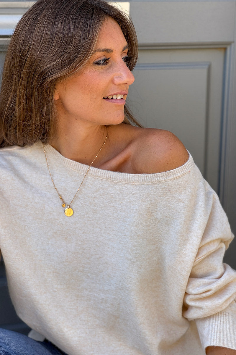 Pull basique beige en petite maille chiné couture apparente col bateau