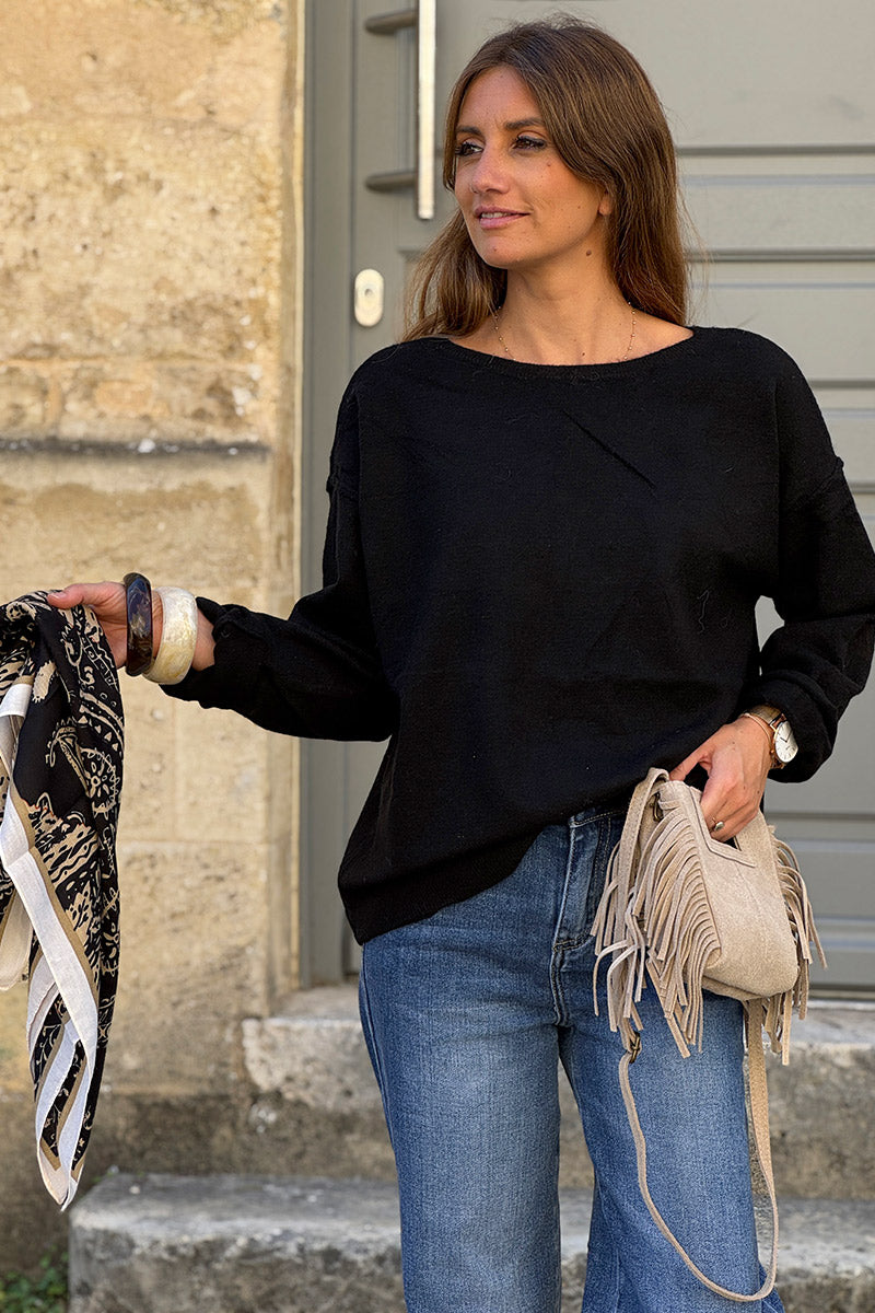 Pull basique noire en petite maille chiné couture apparente col bateau