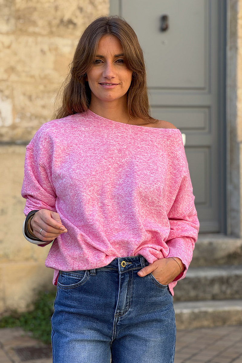 Pull basique rose en petite maille chiné couture apparente col bateau