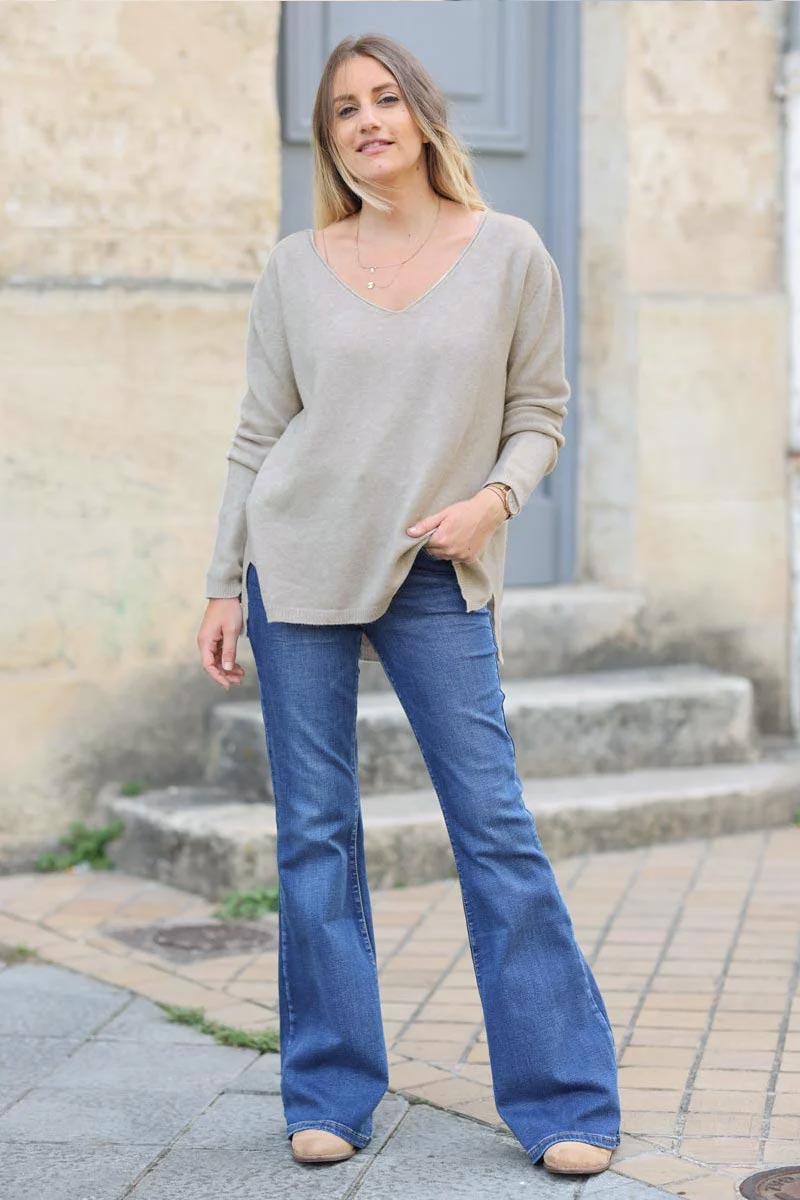 Pull tout doux basique lin col v