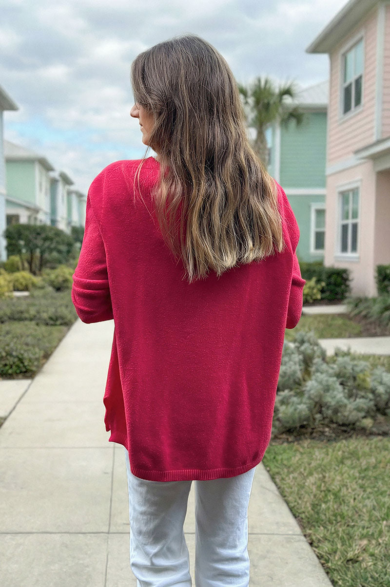 Pull basique tout doux framboise col V