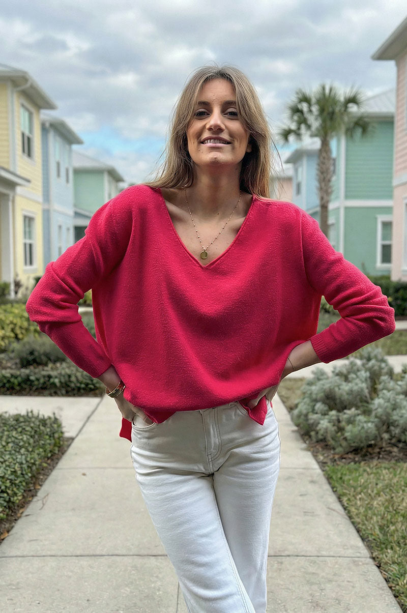 Pull basique tout doux framboise col V