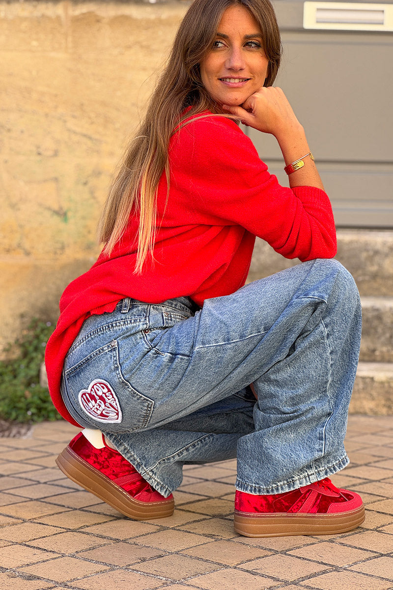 Stone Wash “All You Need is Love” Wide-Leg Retro Jeans