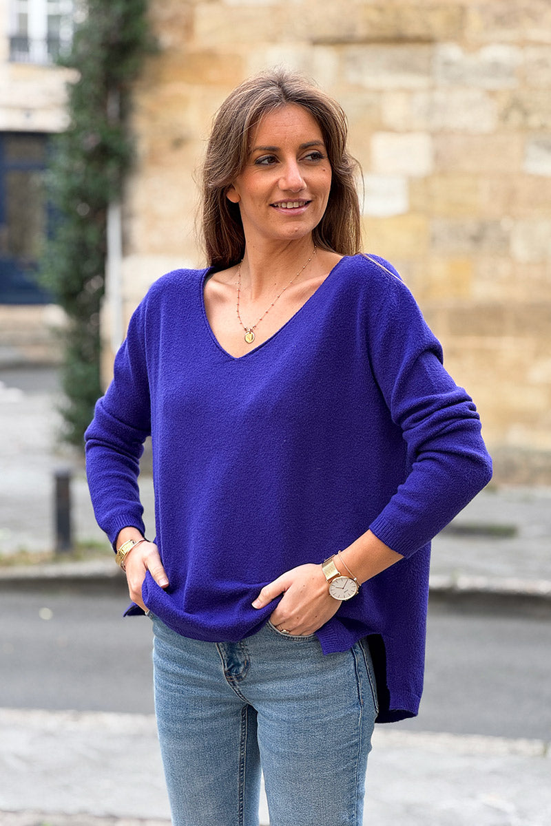 Pull basique tout doux violet  col V