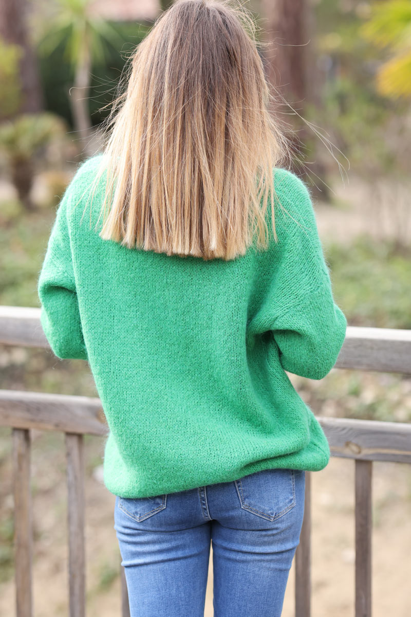 Pull basique vert en maille col v - Horizons Lointains