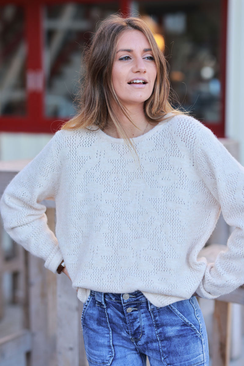 Cream Wool Blend Floral Open Knit Sweater