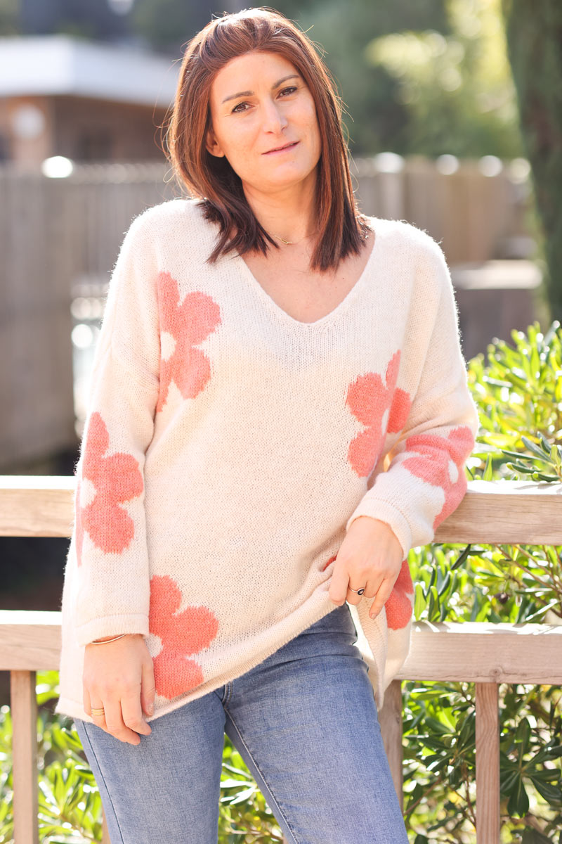 Heather beige soft relaxed fit sweater with coral flower design